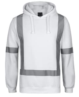 A white fleece hoodie featuring reflective tape details and a front pocket, with a logo on the label.