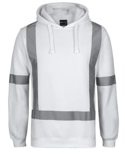A white fleece hoodie featuring reflective tape across the front and sleeves, with a hood and a logo.