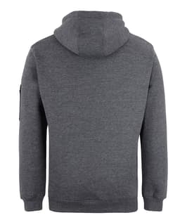 A grey work hoodie featuring a hood and long sleeves, with a logo on one sleeve.