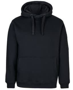 A black work hoodie featuring a front pocket and a hood, with a logo on the sleeve.