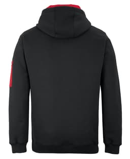 A black hoodie with a red hood and a side pocket, featuring a logo on the sleeve.