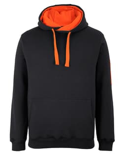 A black hoodie with an orange inner lining and drawstrings, featuring a front pocket and a logo on the sleeve.