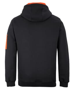 A black work hoodie with an orange accent on the hood and a zipped pocket on the sleeve. Features a logo.