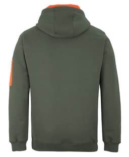 A green hoodie with an orange accent on the sleeve, featuring a hood and a branded logo.