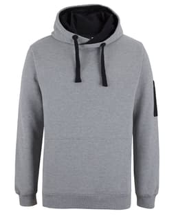 A grey hoodie featuring a black hood and drawstrings, with a side pocket and a logo on the sleeve.