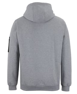 A grey hoodie with a hood and long sleeves, featuring a side pocket and a branding logo.
