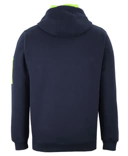 A dark navy hoodie with a bright green hood and one sleeve, featuring a logo on the sleeve.
