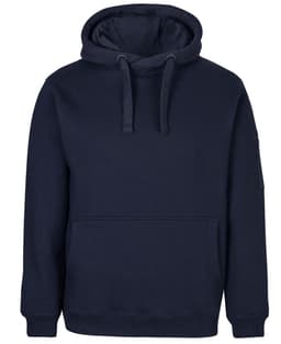 A navy blue work hoodie with a kangaroo pocket and a hood. It features a branded logo on one sleeve.