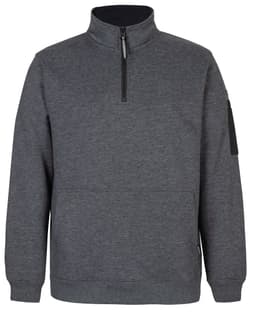 A grey 1/2 zip fleece jumper featuring a high collar and a side pocket, with a logo on the sleeve.