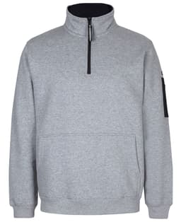 A grey polar fleece jumper featuring a half zip, a front pocket, and a sleeve pocket with a logo.