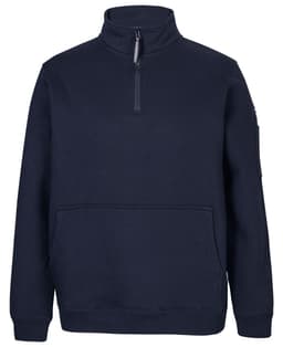 A navy blue 1/2 zip fleece jumper featuring a front pocket and a logo on the sleeve.