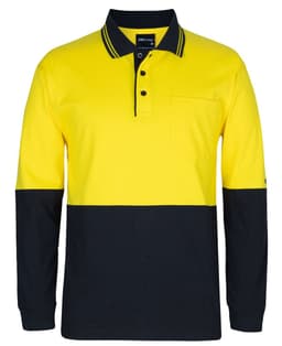 A long-sleeve cotton polo shirt in yellow and navy blue, featuring a pocket and a branding logo.