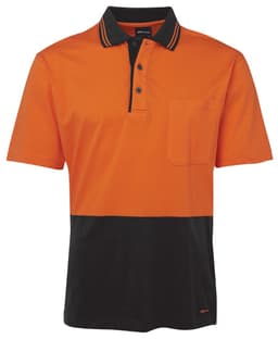 An orange and black short-sleeve cotton polo shirt featuring a pocket and a logo.
