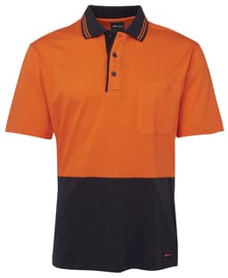 An orange and navy cotton polo shirt featuring a collar, buttons, and a pocket, with a logo.