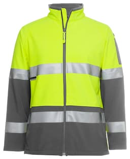 A fluorescent yellow and grey softshell jacket with reflective strips and a logo on the sleeve.