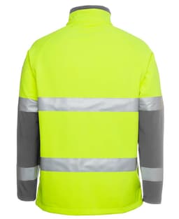 A high-visibility softshell jacket in bright yellow with grey sleeves and reflective strips on the back.