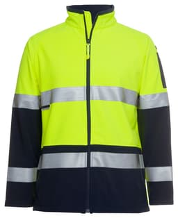 High-visibility softshell jacket in yellow and navy with reflective strips and a logo. Suitable for workwear.