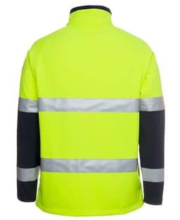 A high-visibility softshell jacket in bright fluorescent yellow with navy sleeves and reflective strips, featuring a logo.