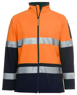 A softshell jacket featuring an orange upper body and black lower section, with reflective silver bands and a logo.