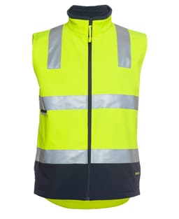 High-visibility softshell vest in bright yellow with reflective silver stripes and a navy blue base. Features a zipper and logo.