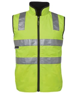 High-visibility yellow reflective vest with silver stripes and a zip front, featuring a logo on the side.
