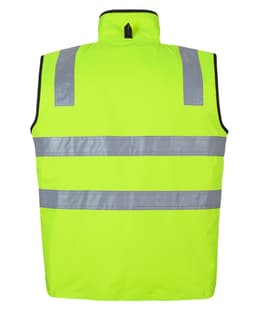 A high-visibility vest in bright yellow with reflective stripes, designed for safety wear. Features a branding logo.