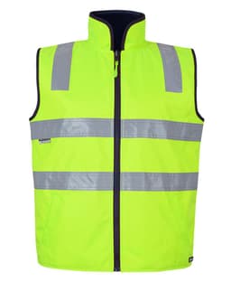 A high visibility vest in bright yellow with reflective stripes and a zip front, featuring a branding logo.