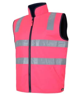 A pink safety vest featuring reflective stripes and a zippered front. It has a high collar and includes a logo.