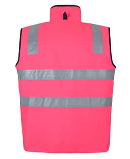 A pink safety vest featuring reflective stripes and a high collar. Includes a logo on the back.