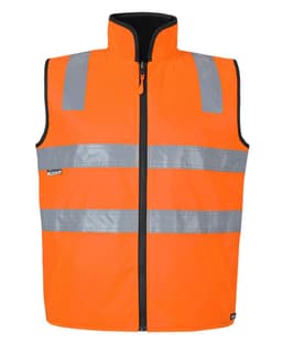 An orange safety vest featuring reflective stripes, designed for visibility and safety, with a front zipper and black collar.
