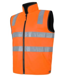 An orange reflective safety vest with grey stripes and a zip front design, featuring a collar and no sleeves.