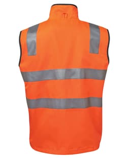 An orange safety vest featuring reflective stripes and a high collar, designed for visibility and protection.