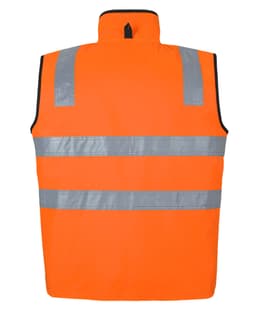 An orange safety vest with reflective silver stripes and a high collar. It features a logo on the back.