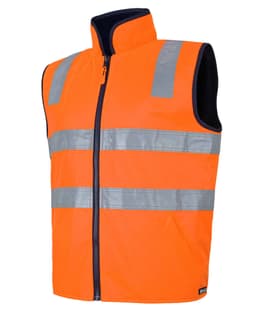 An orange safety vest featuring reflective strips, designed for visibility and uniform use. Includes a logo on the fabric.