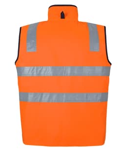 An orange safety vest featuring reflective strips and a high collar. It has a logo on the back.