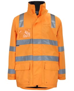 Orange work jacket featuring reflective strips and a zip-off sleeve design. Includes pockets and a logo.