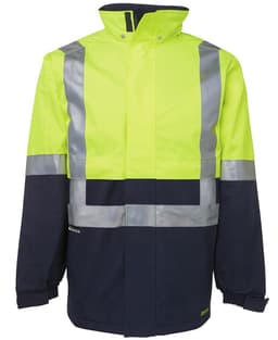Lime and navy work jacket featuring reflective strips and a collar, designed for visibility and safety.
