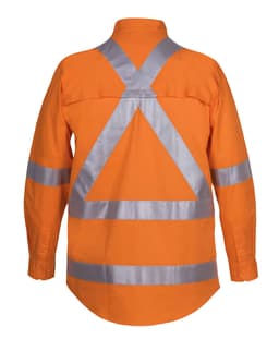 An orange long-sleeve safety shirt with reflective tape in a cross-back design, featuring a collar and button closure.