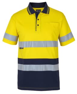 A short-sleeved cotton polo shirt in high-visibility yellow with navy stripes and reflective bands. It features a chest pocket and a logo.