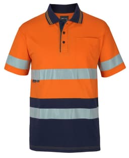 An orange and navy polo shirt with reflective stripes and a pocket, featuring a logo on the chest.