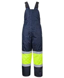 A pair of navy and lime bib and brace overalls with reflective tape, designed for safety wear.