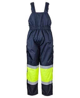 Navy and lime bib and brace safety wear with reflective tape, featuring adjustable straps and elasticised waist.