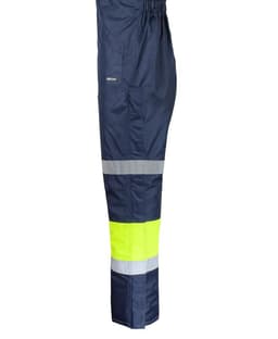 Navy and lime safety bib and brace with reflective tape, designed for uniforms and safety wear. Features an elastic waistband.