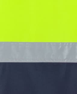 A close-up of a safety garment featuring bright lime and navy colours with reflective tape.