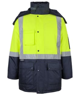 A lime and navy freezer jacket featuring reflective strips and a hood, with a logo on the sleeve.