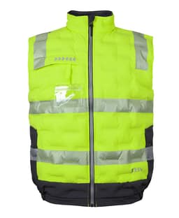 A neon yellow puffer vest with reflective stripes and a dark grey base, featuring a logo on the front.