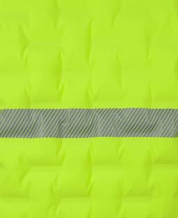 A bright yellow puffer vest featuring a grey striped band across the centre and a logo.