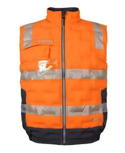 An orange puffer vest with reflective strips, featuring a front zip and a pocket. It includes a logo on the chest area.