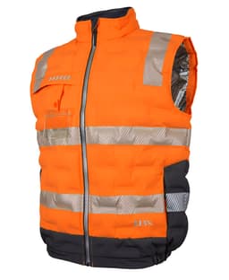An orange puffer vest with reflective stripes and a black bottom, featuring a zippered front and a logo.