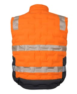 An orange and black puffer vest featuring reflective strips and a logo on the back.